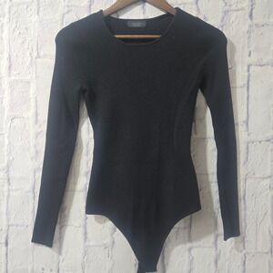 Nuuds Black Ribbed Knit Long Sleeve Crew Neck Bodysuit Size L